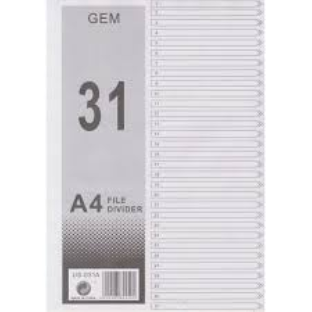 GEM FILE DIVIDER A4 PLASTIC 1-31